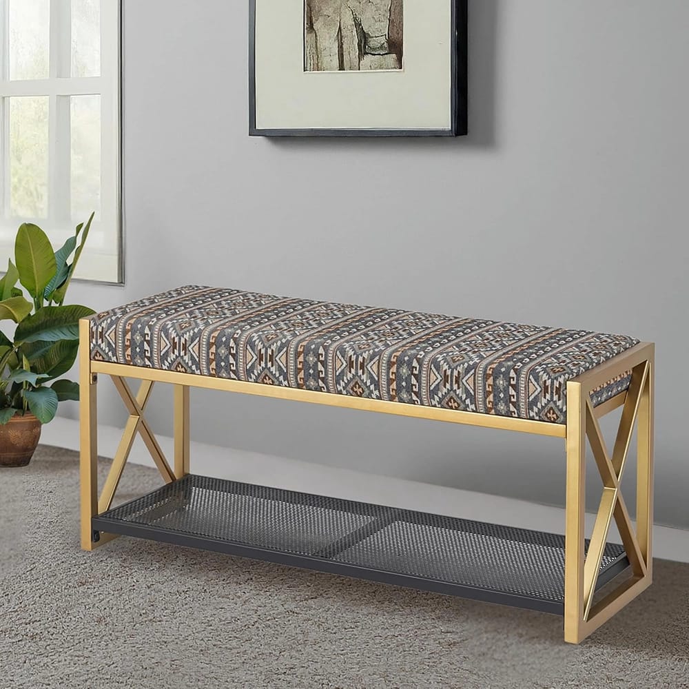 Albany Living Upholstered Bench with Shoe Rack, Gold/Gray