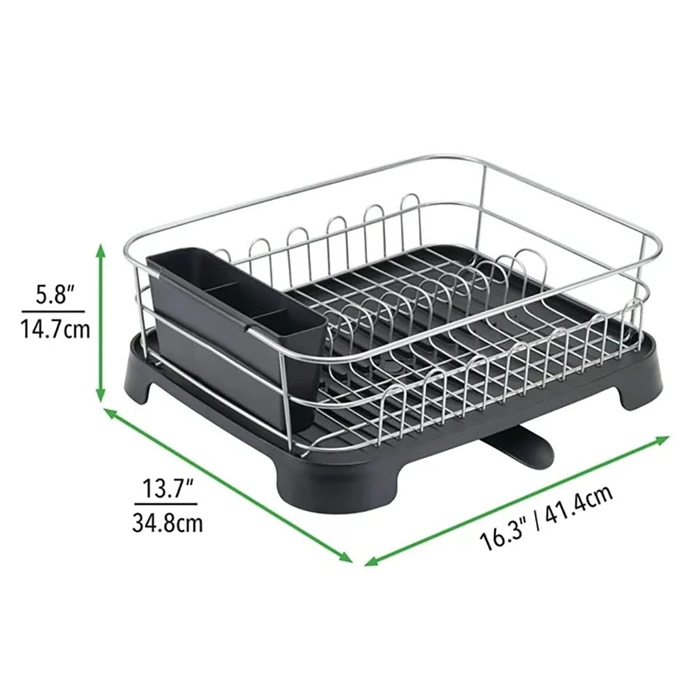 mDesign Dish Drying Rack Holder with Swivel Spout, Silver/Black