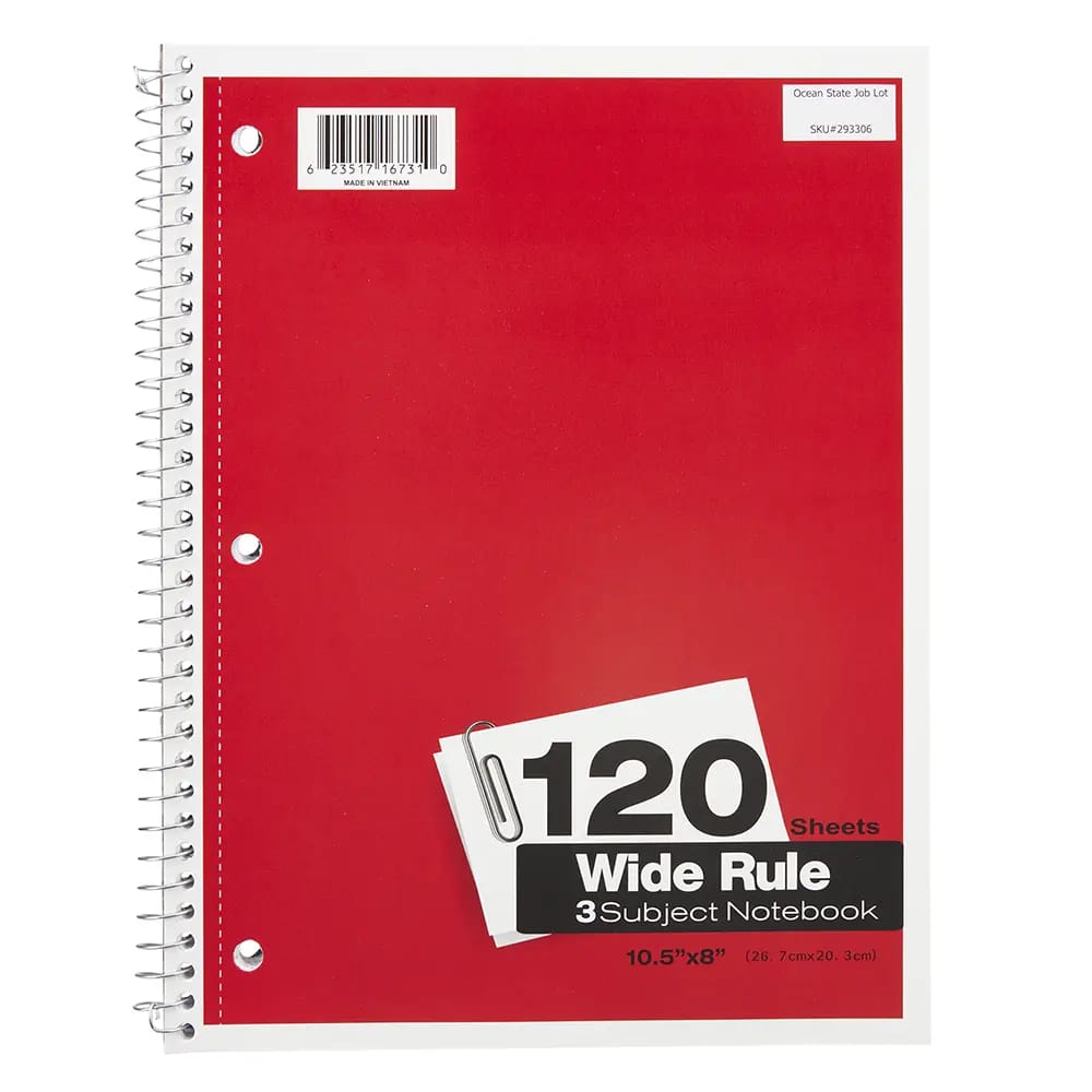 Wide Rule 3 Subject Spiral Notebook, 120 Sheet