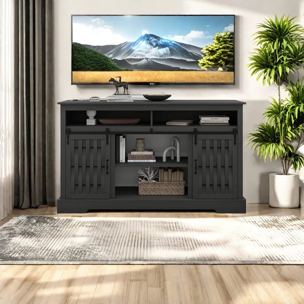 TV Stand with Electric Fireplace and Sliding Barn Door, Dark Gray