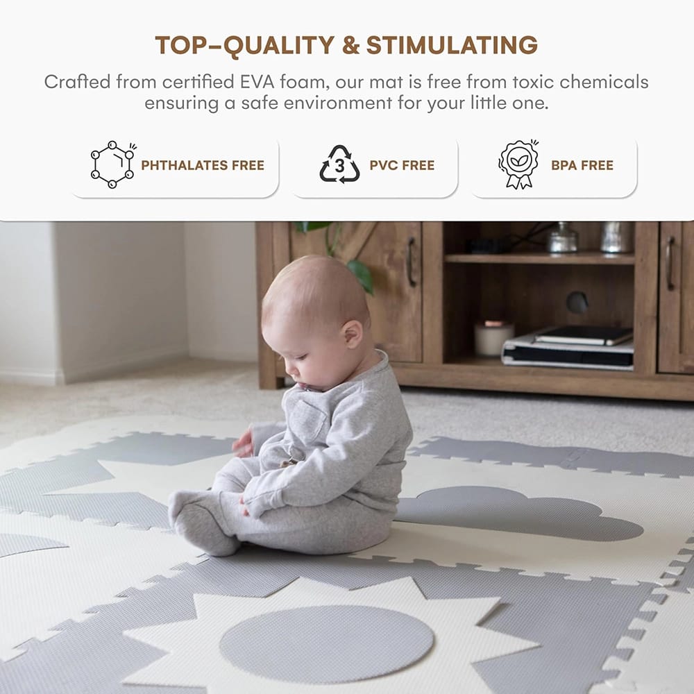 Childlike Behavior Baby Play Mat Tiles, 61" x 61", Gray/White