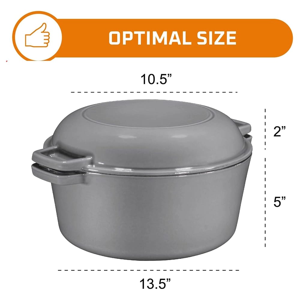 Bruntmor 2-in-1 5-Quart Enamel Cast Iron Double Dutch Oven Set, Gray