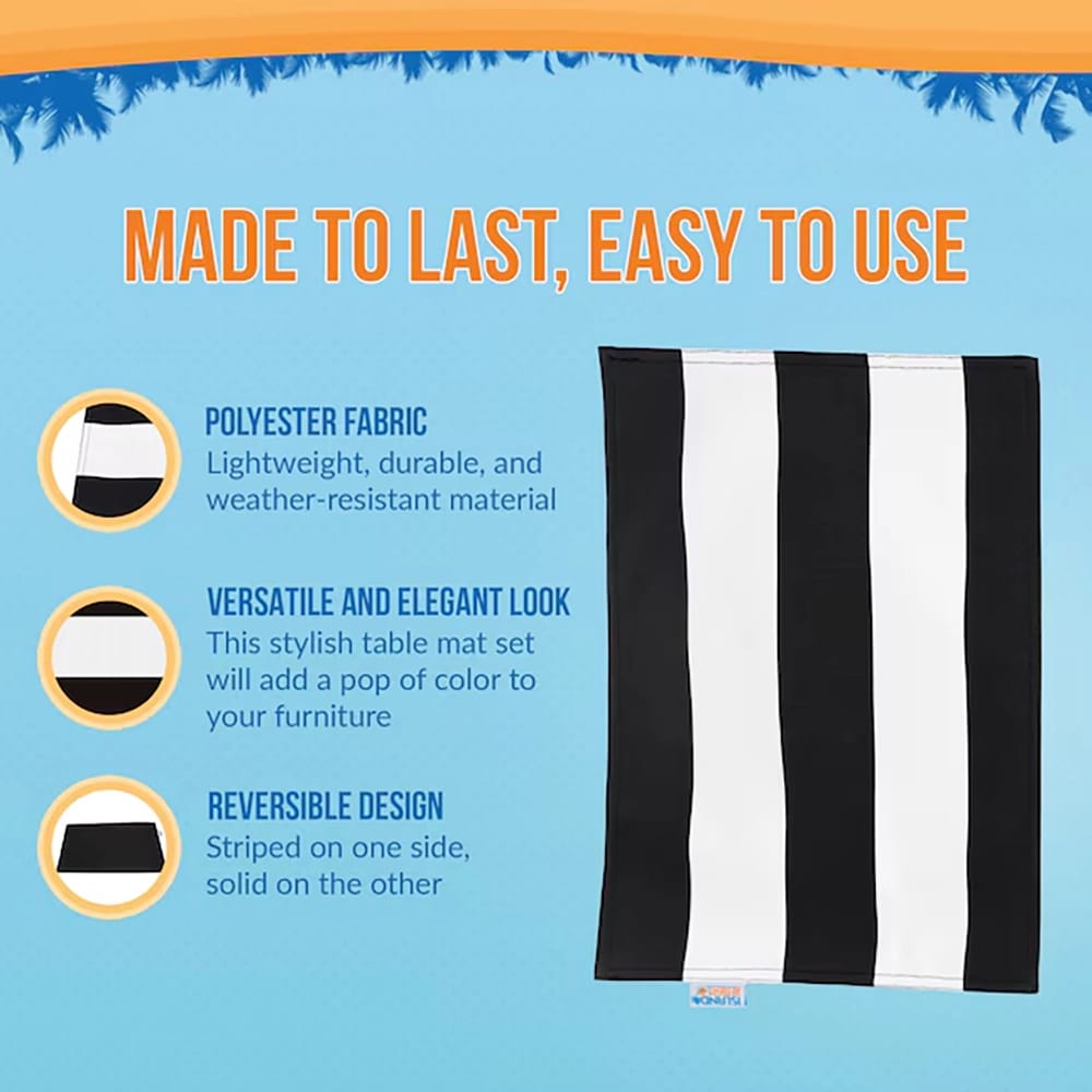 Island Retreat Striped Polyester Rectangle Placemats, Black/White, 6 Pack