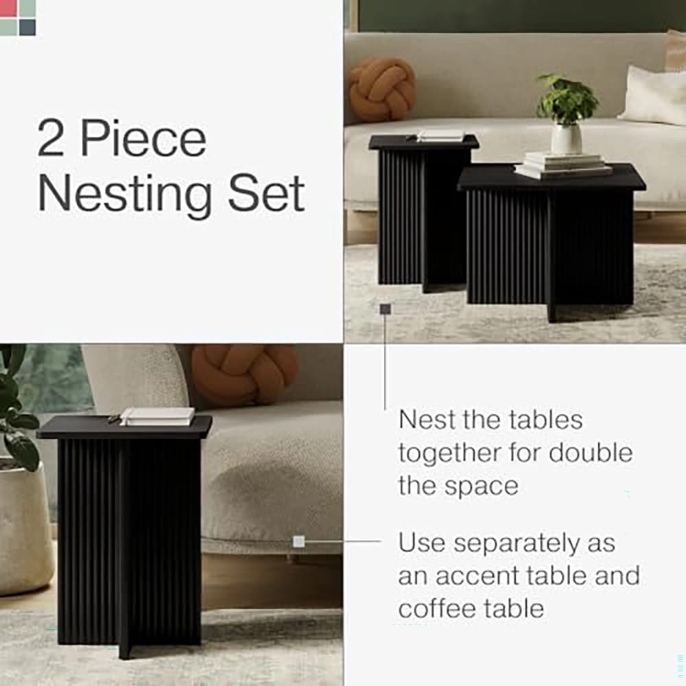 Stead Square Fluted Nesting Coffee Table Set, Black