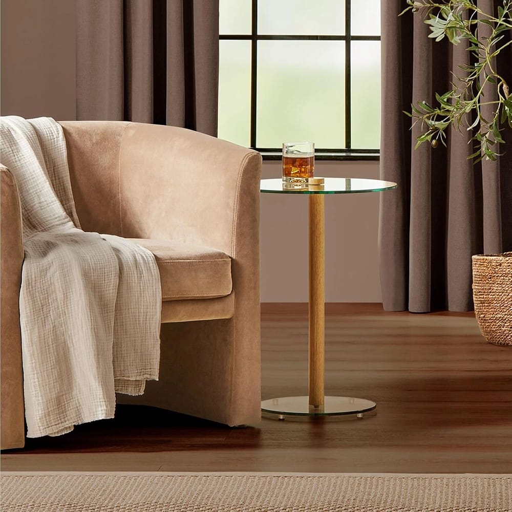 mDesign Round Glass Top Drink Table, Natural