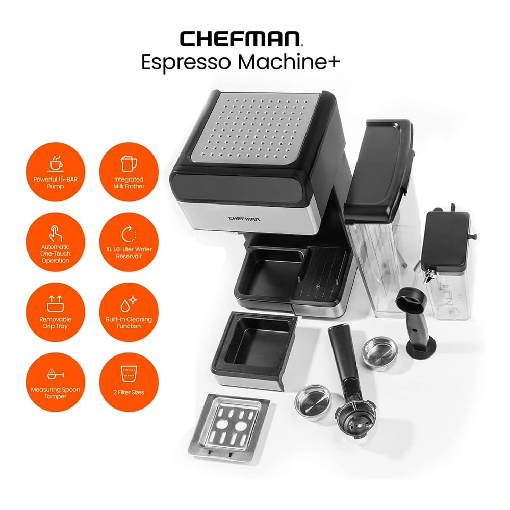 Chefman 6-in-1 Espresso Machine with Built-In Milk Frother, Stainless Steel