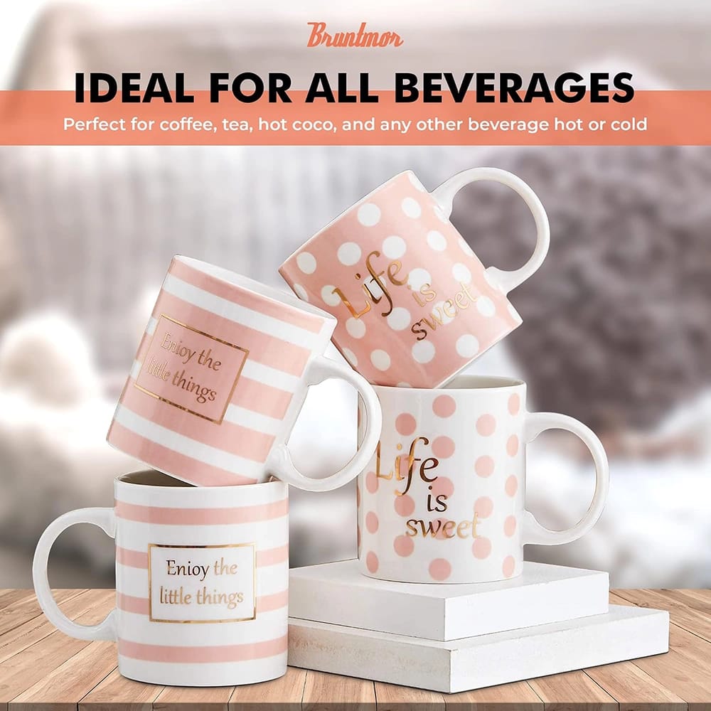 Bruntmor Ceramic Inspirational Coffee Mugs, Pink, Set of 4