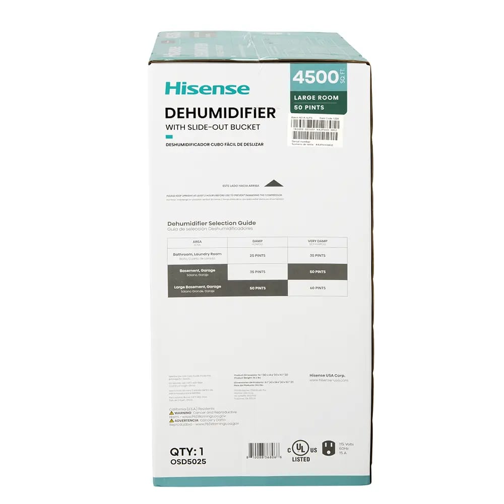 Hisense Energy Star 50 Pint 2-Speed Dehumidifier, White