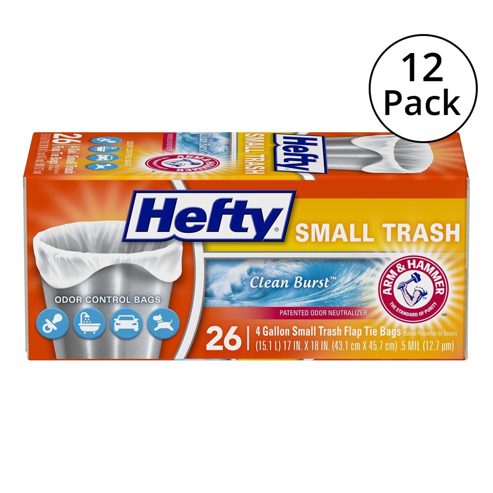 Hefty Flap Tie Small Trash Bags, 26 Count, 12 Pack