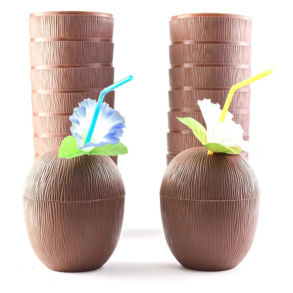 Prextex Coconut Cups with Flower Straws and Twist Close Lids, 16 oz, 18 Pack