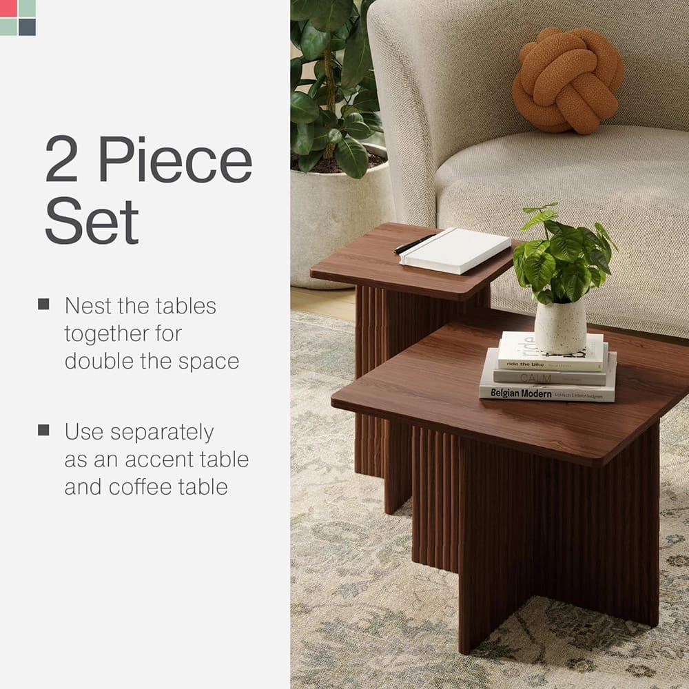 2-Piece Stead Square Fluted Nesting Coffee Table Set, Walnut