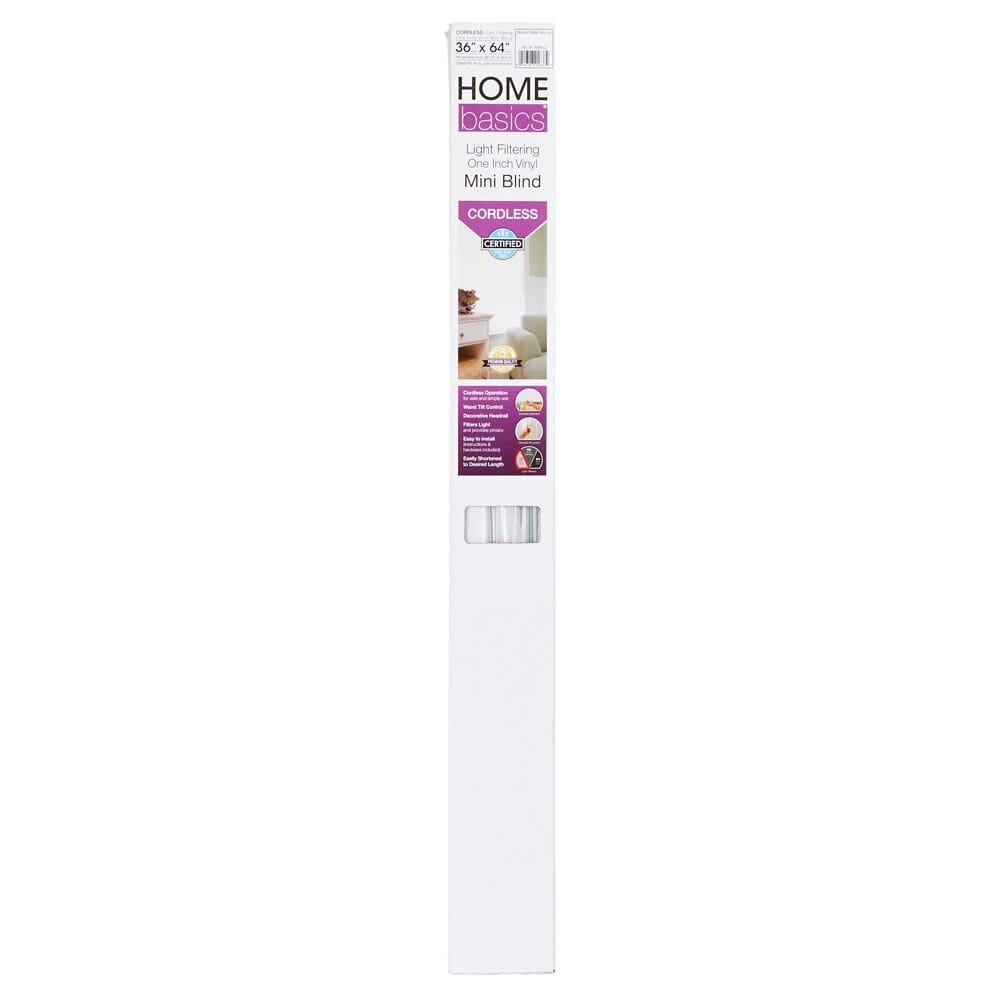 Home Basics Cordless Light Filtering Vinyl Mini Blinds, White, 36" x 64"