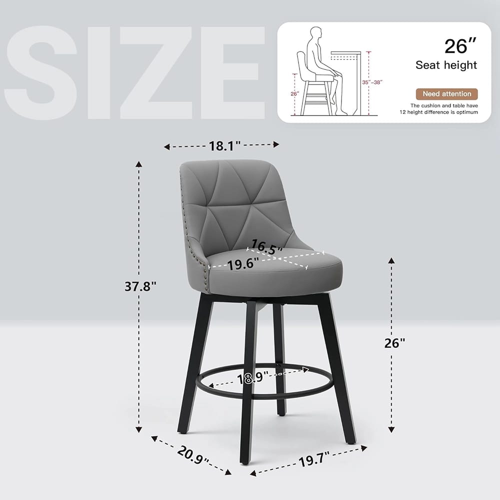 Polarisys 26" Faux Leather Swivel Bar Stool, Gray, Set of 2
