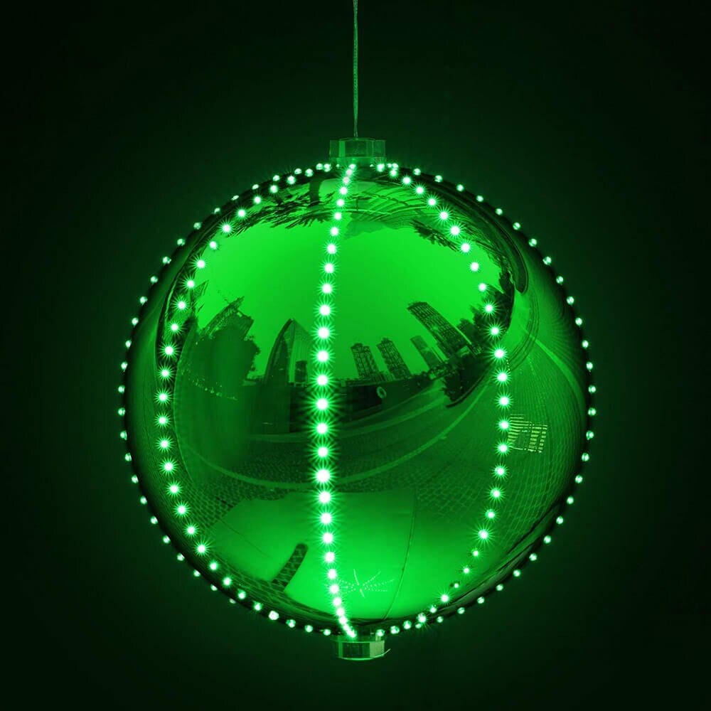 Alpine 13" Large Hanging Christmas Ball Ornament with 240 Warm White Chasing LED Lights & 6 Light Effects, Green