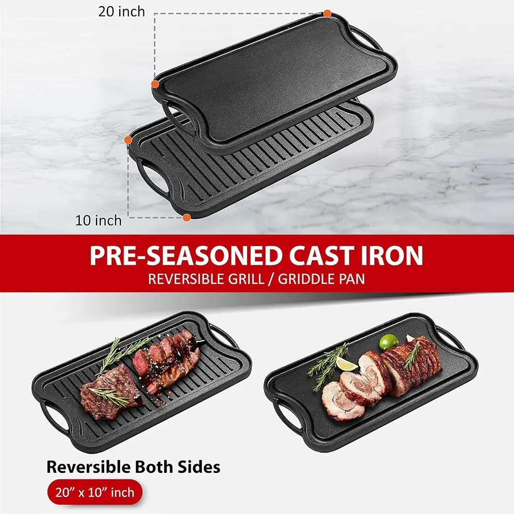 Bruntmor 2-In-1 Cast Iron Skillet Rectangle Roasting Pan With Reversible Griddle Pan