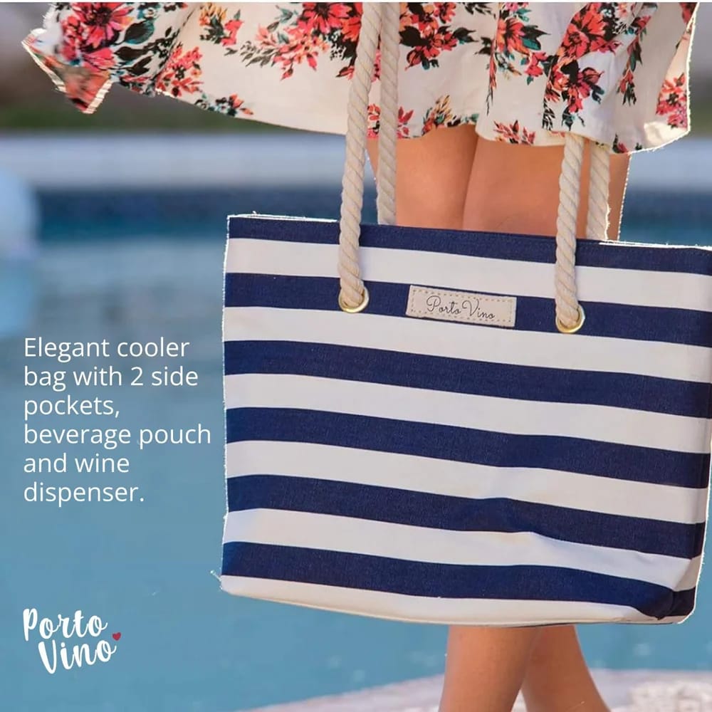 PortoVino Canvas Wine Purse, Blue/White