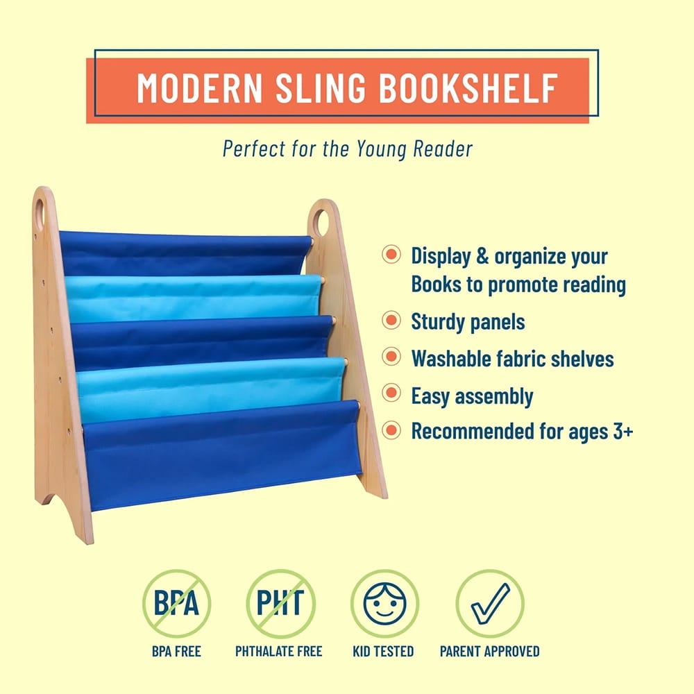 Wildkin Kids Canvas Bookshelf, Natural/Dark Blue/Light Blue