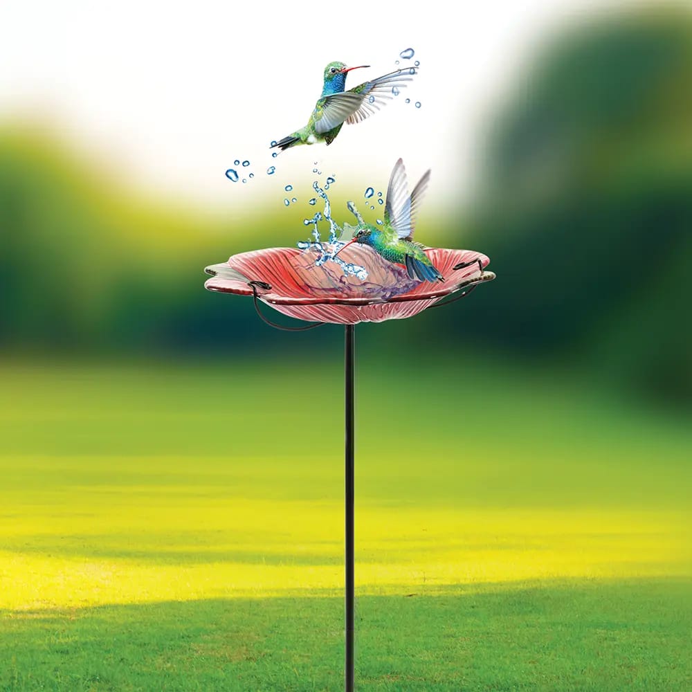 Glass Flower Bird Bath, Red, 12"