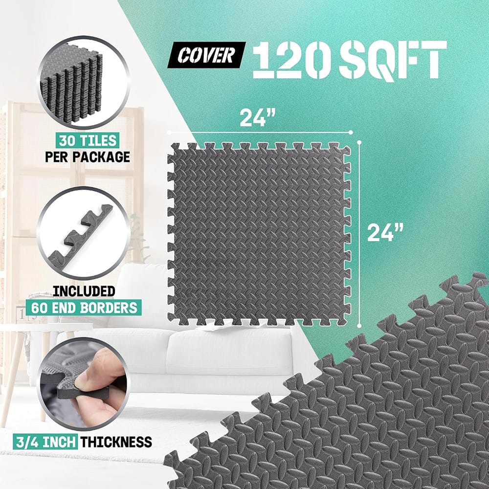 Yes4All EVA Interlocking Foam Floor Tiles with Border, Gray, 120 sq ft