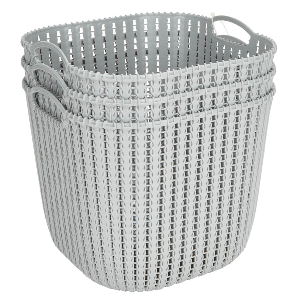 Small Plastic Gray Storage Baskets with Handles, 3-Count