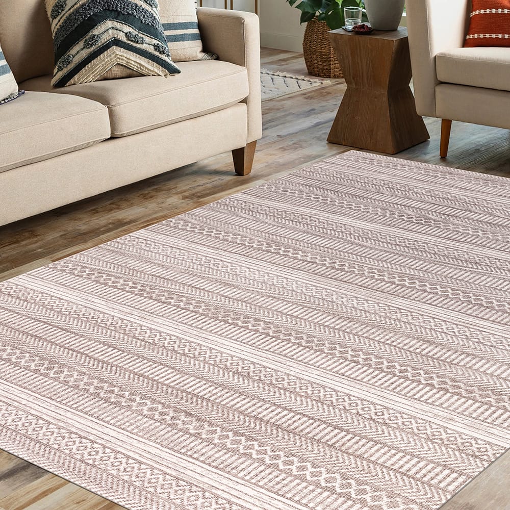 Hazel Collection 9' x 12' Geo Stripe Area Rug, Gray & Ivory