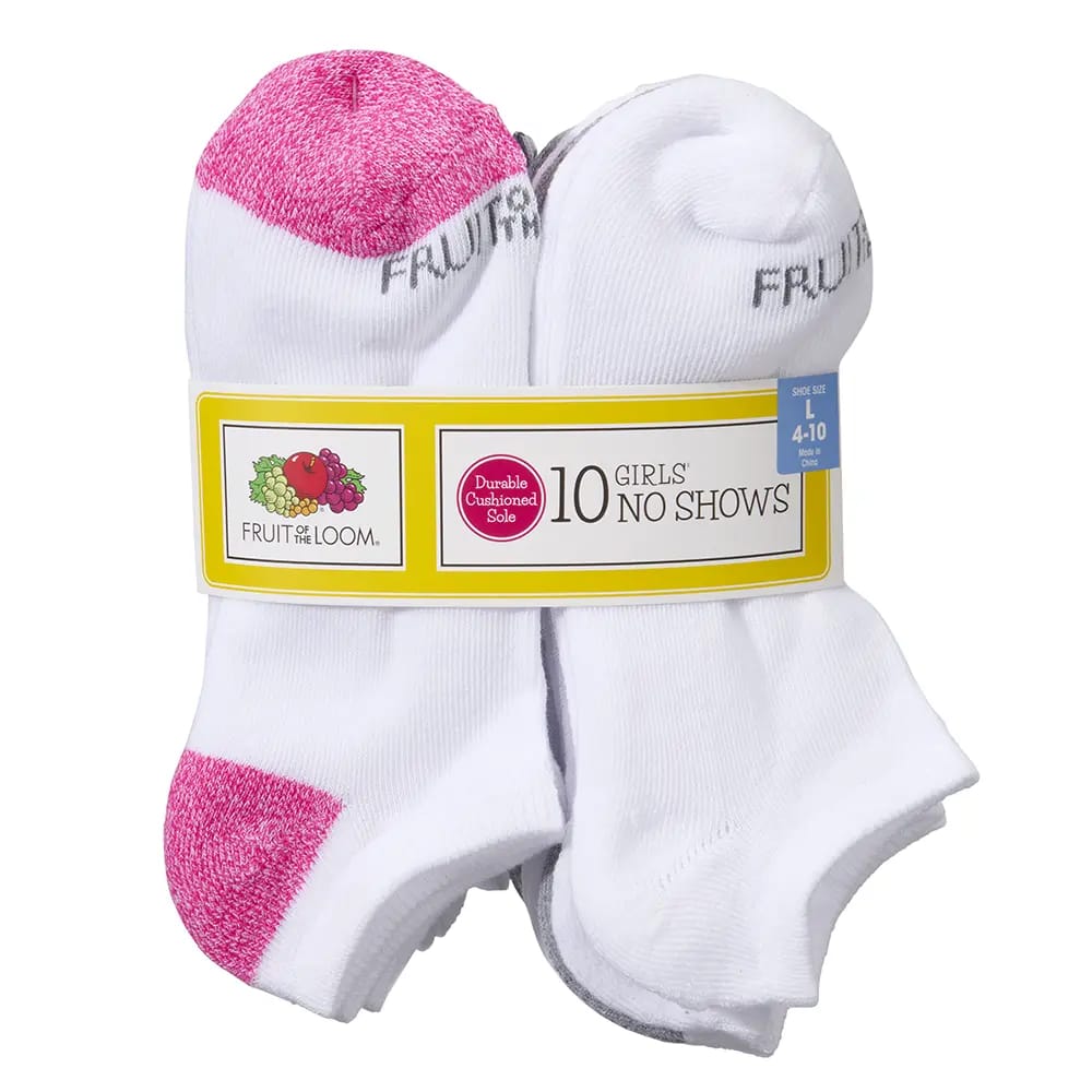 Fruit of the Loom Girls No Show Socks, 10pk.