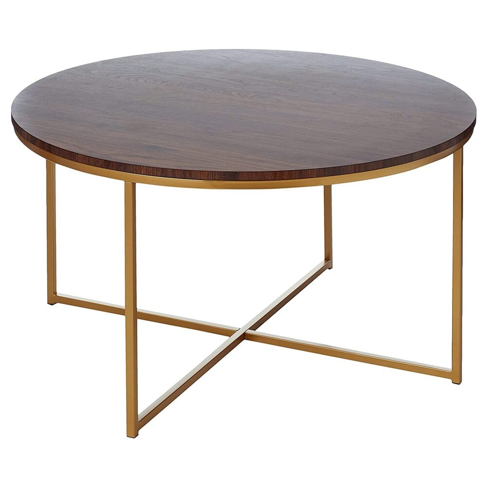 Walker Edison Cora Modern Round Faux Marble Top Coffee Table, Walnut/Gold