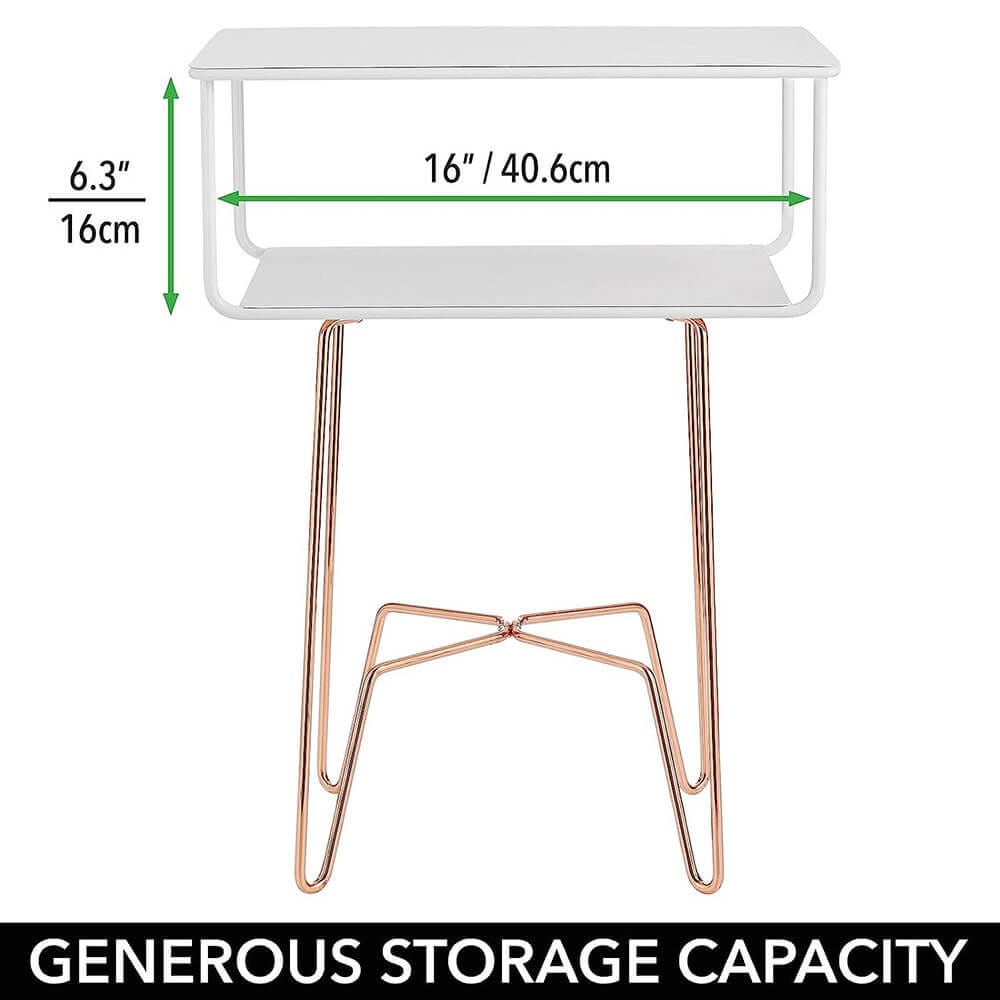 mDesign Modern Industrial Side Table with Storage Shelf, Matte White/Rose Gold