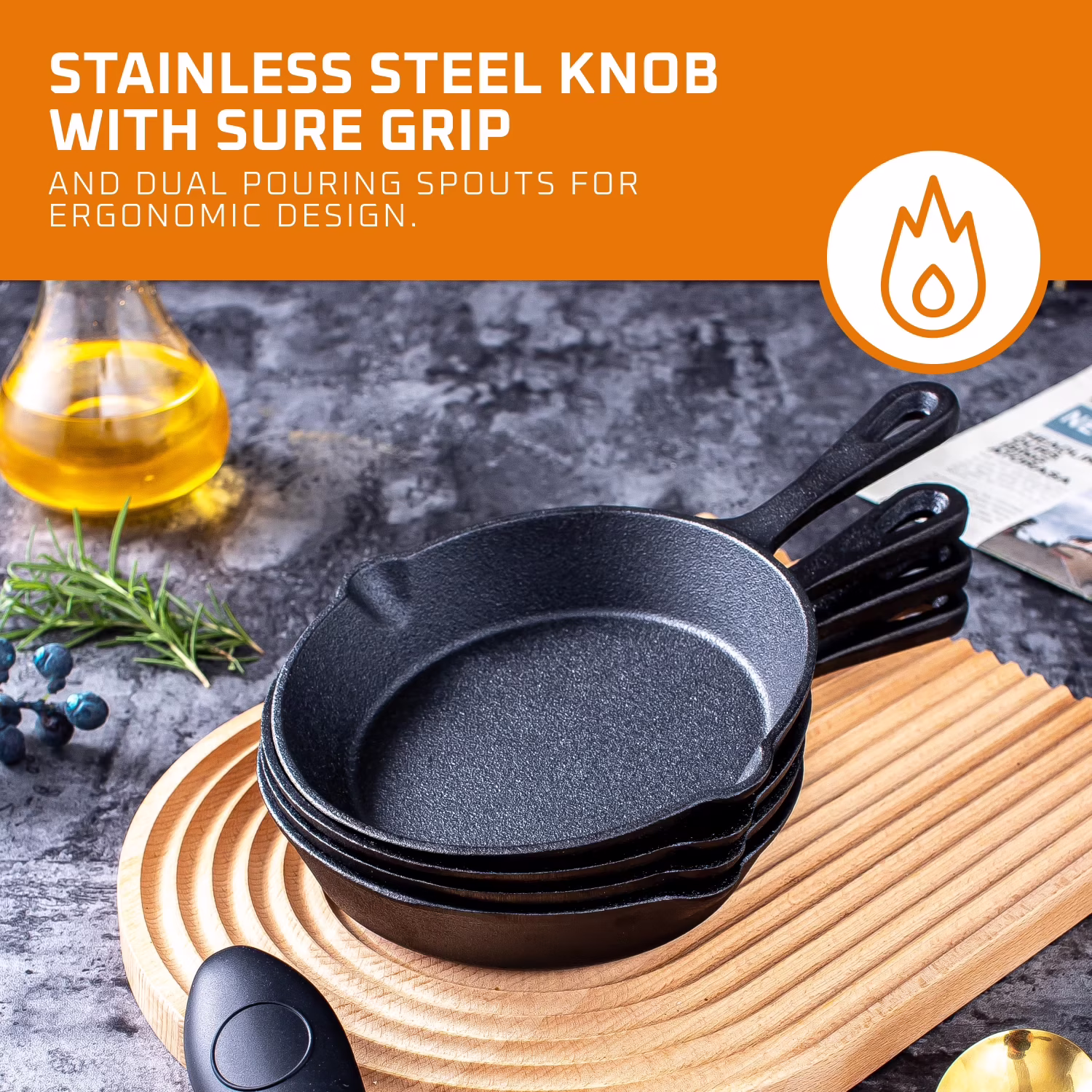 Bruntmor Pre-Seasoned Cast Iron Skillets, Set of 3