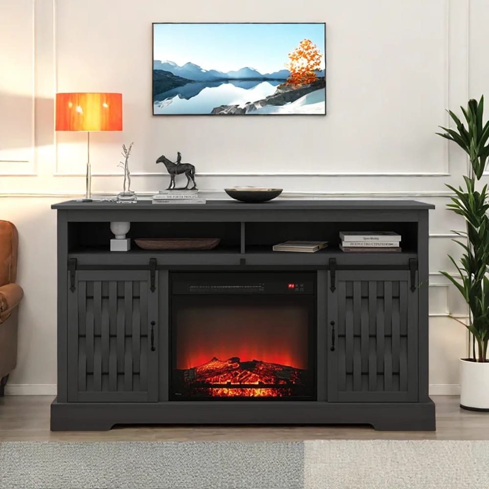 TV Stand with Electric Fireplace and Sliding Barn Door, Dark Gray