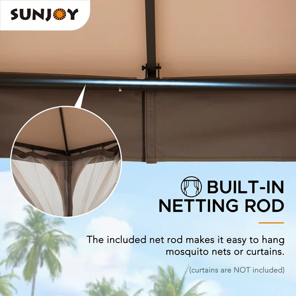 Sunjoy Outdoor Patio 2-Tier Steel Soft Top Gazebo with Ceiling Hook and Netting, 9.5' x 9.5', Brown