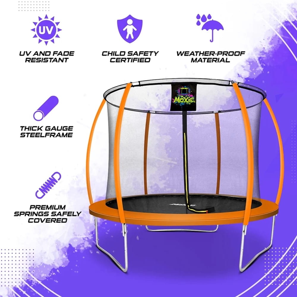 Machrus Moxie Pumpkin-Shaped Outdoor Trampoline Set with Premium Top-Ring Frame Safety Enclosure, Orange, 10.5'