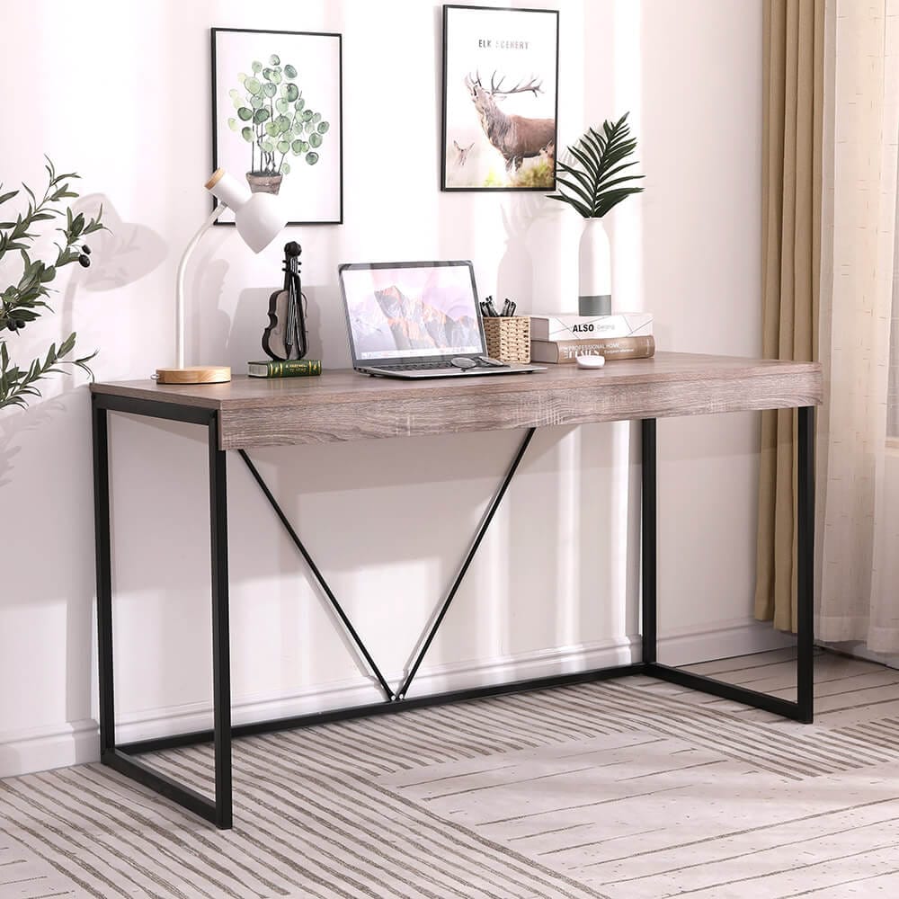 55" Modern Office Desk, Oak Gray/Black