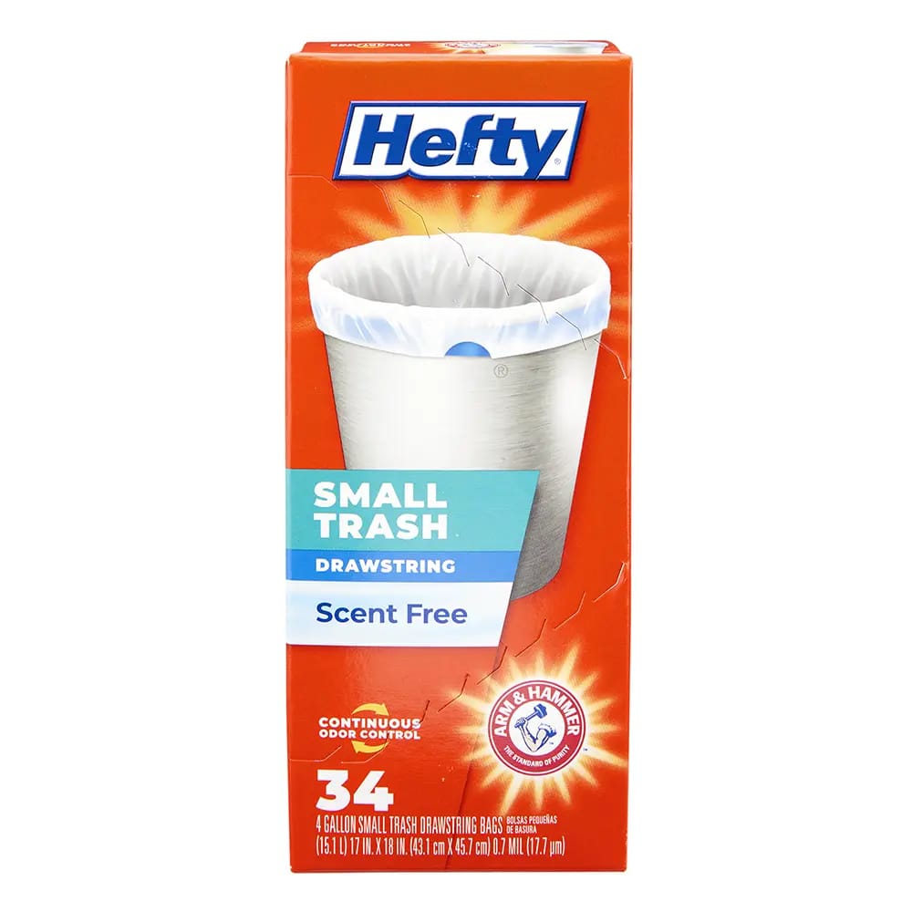 Hefty Small Trash Scent Free 4 Gallon Drawstring Trash Bags, 34 Count