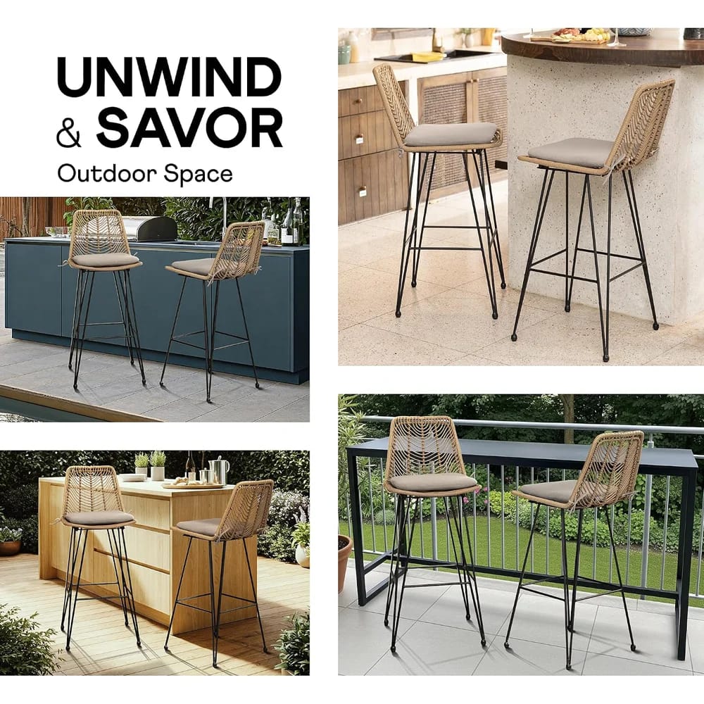 Idzo Chateau Outdoor Rattan Bar Stools, 2-Piece, Tan, 42"