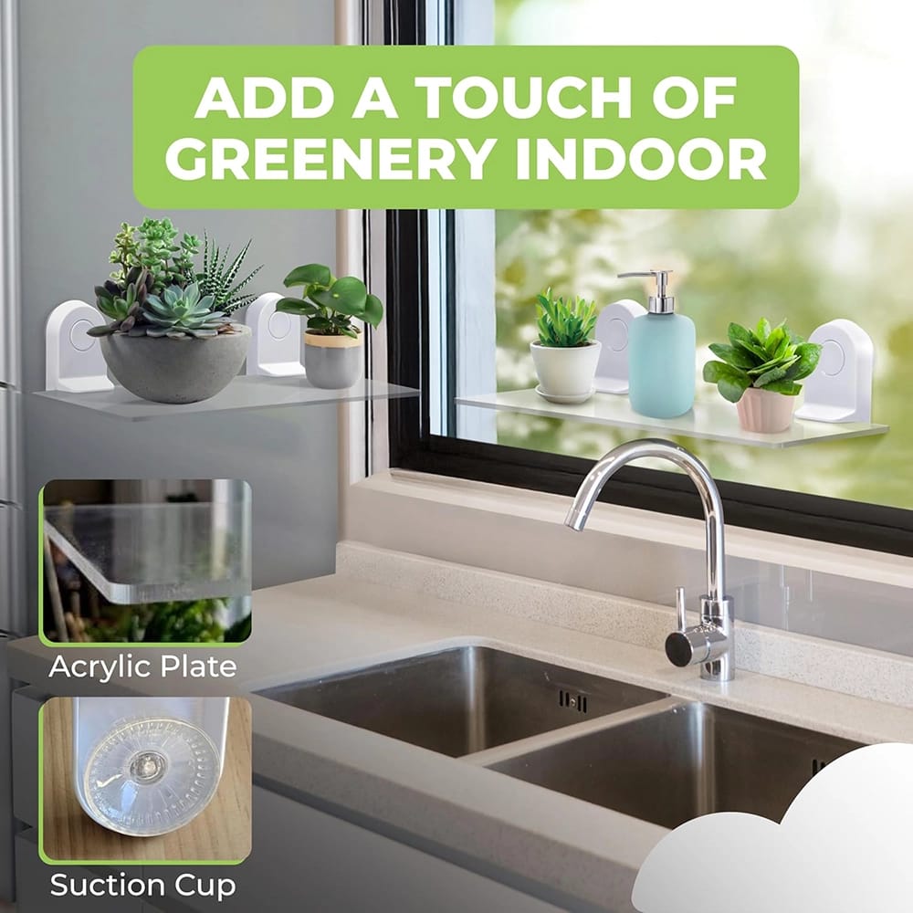 Window Garden Large Suction Cup Window Shelf, White, Set of 2