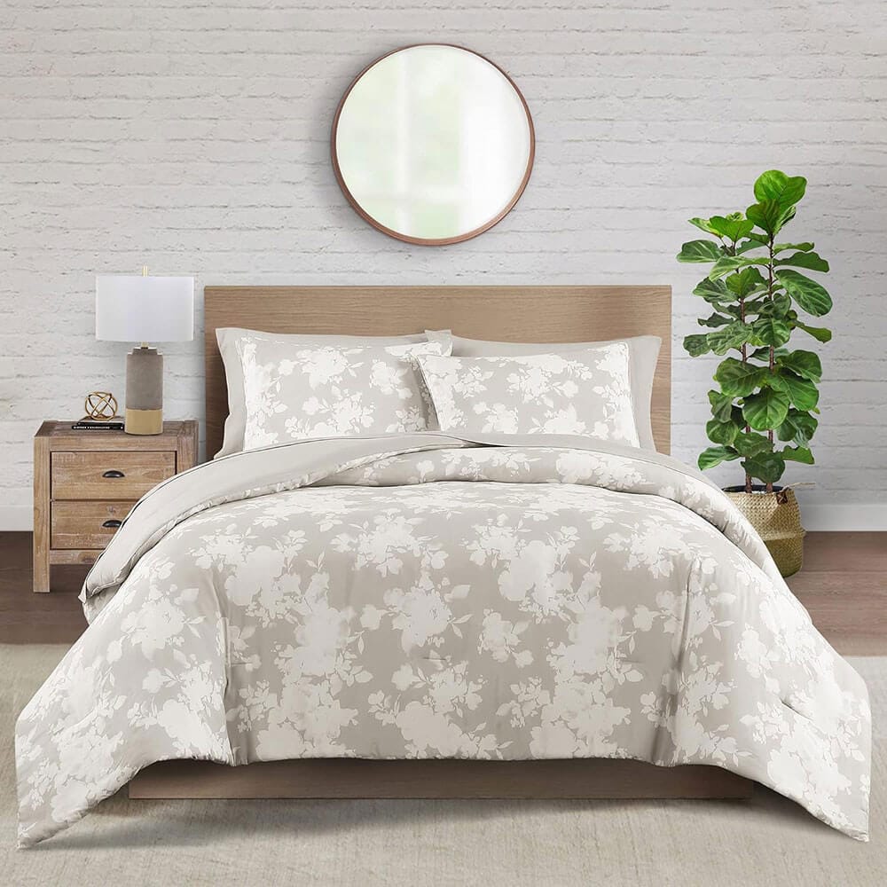 WellBeing by Sunham Luxurious Blend 3-Piece Floral Printed Comforter Set, King, Birch