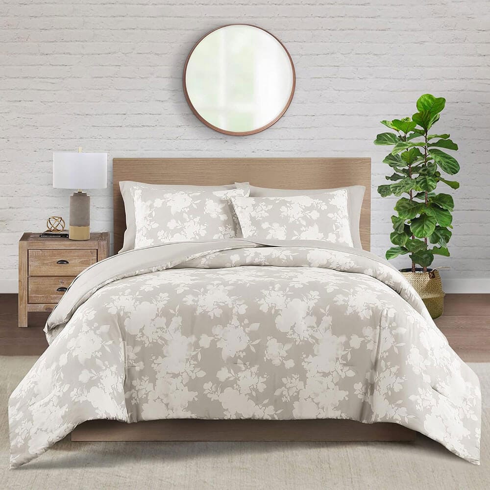 WellBeing by Sunham Luxurious Blend 3-Piece Floral Printed Comforter Set, Full/Queen, Birch