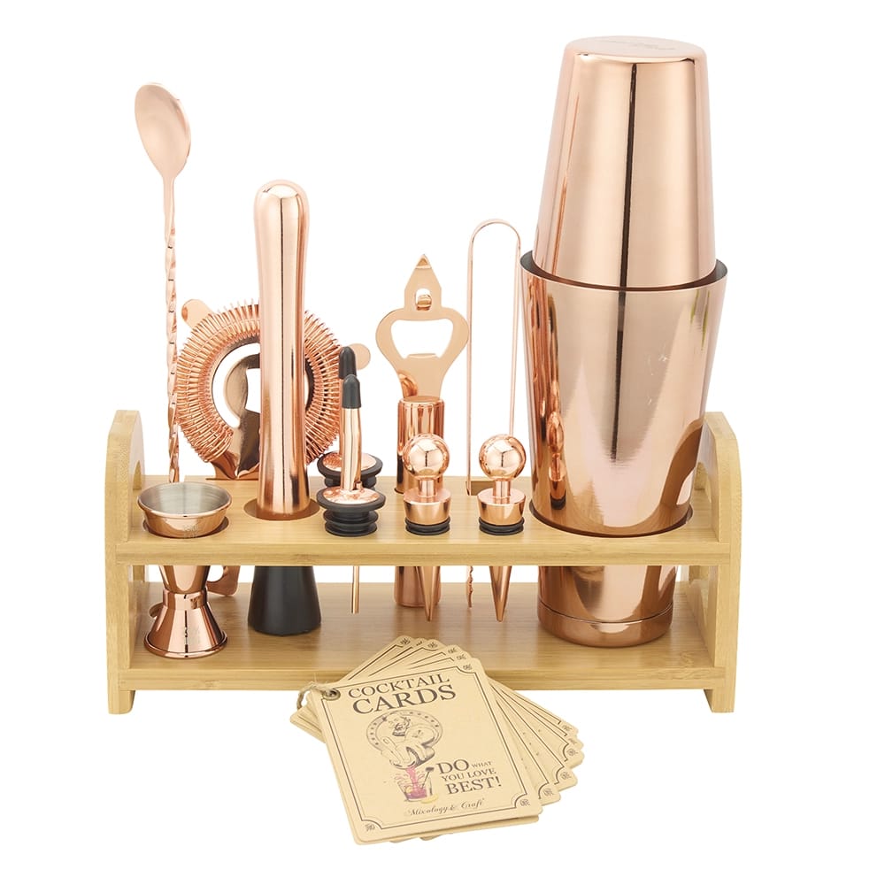 Mixology & Craft 13-Piece Bar Set with Bamboo Stand, Copper Finish