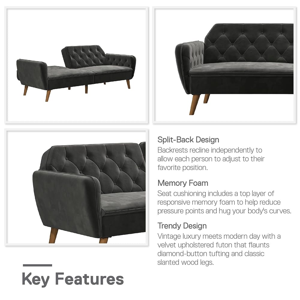 Novogratz Memory Foam Futon, Gray Velvet