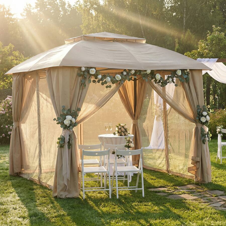 Sunnydaze 10' x 13' Soft Top Polyester Gazebo with Privacy Wall, Tan