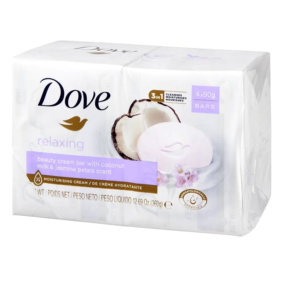 Dove Relaxing Beauty Cream Bar with Coconut Milk & Jasmine Petals Scent, 4 Pack