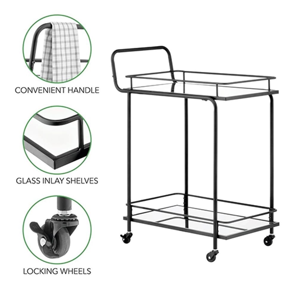 mDesign Metal Rectangle Rolling Bar Cart with Glass Shelves, Black