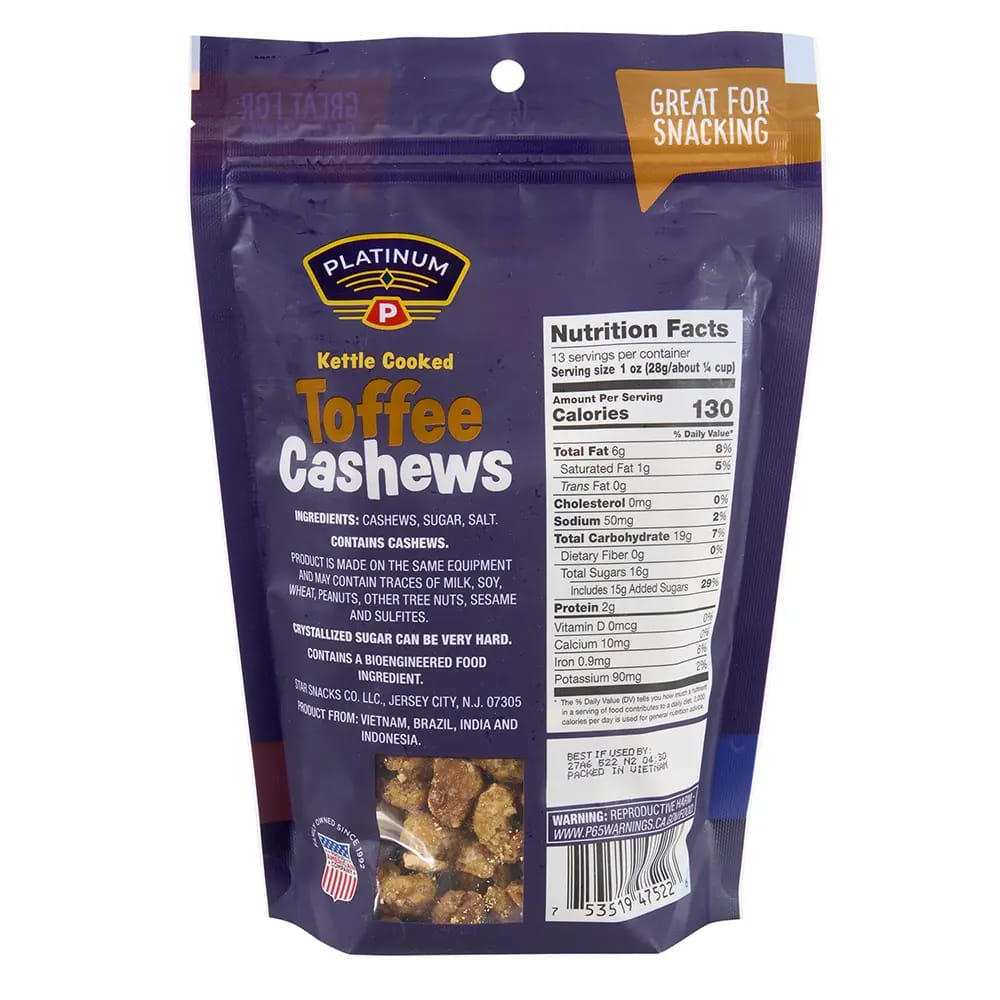 Platinum Kettle Cooked Toffee Cashews, 13 oz