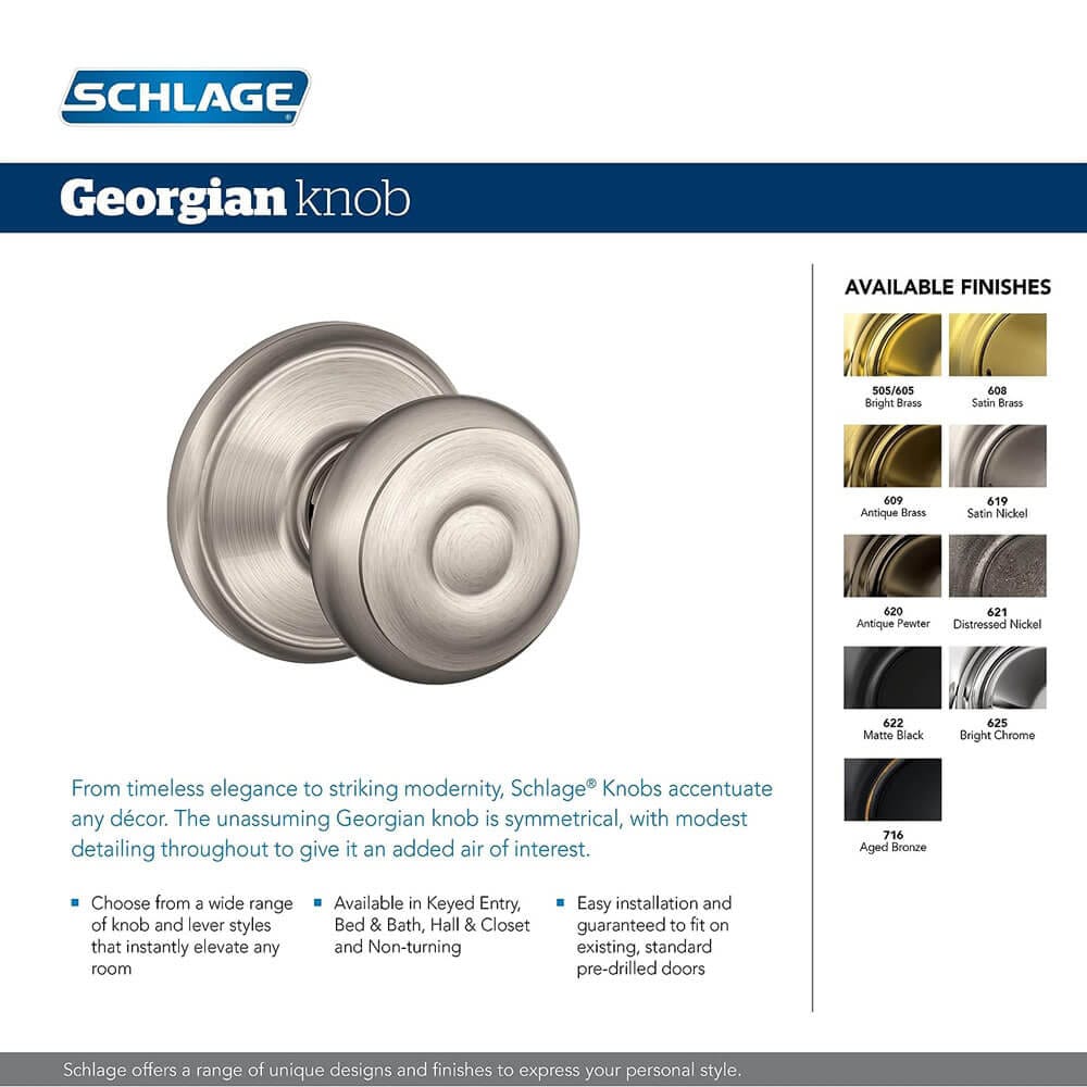 Schlage Georgian Interior Door Knob with Deadbolt, Satin Nickel