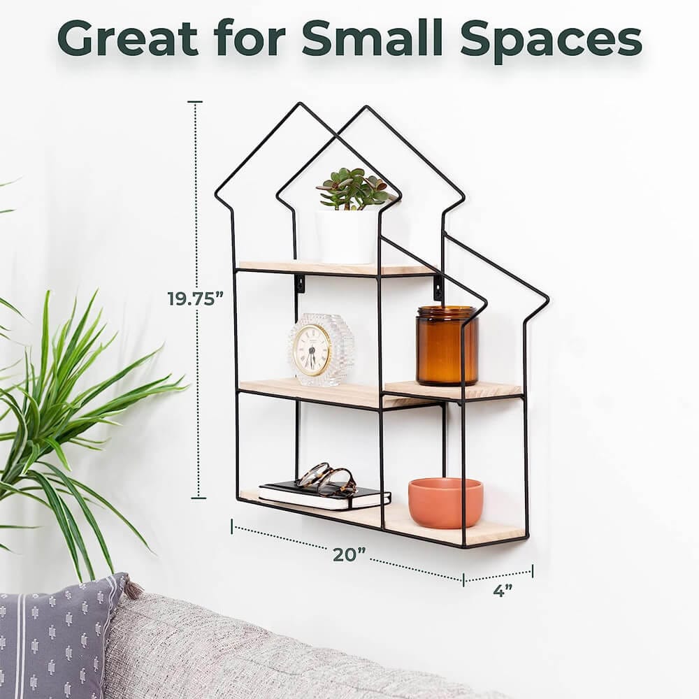 Greenco Natural Geometric House Shaped 3-Tier Floating Shelves, Natural/Black