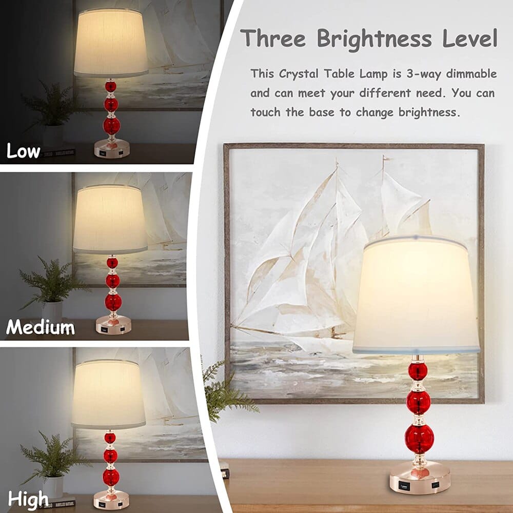 Retro Crystal Table Lamp with USB Ports and 3-Way Dimmable Touch Control, Red