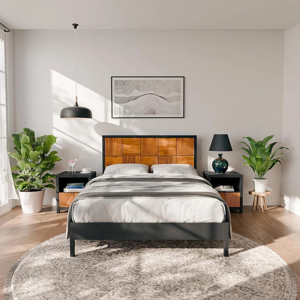 Bme Mid-Century Geometric Bed Frame and Headboard, Queen, Black
