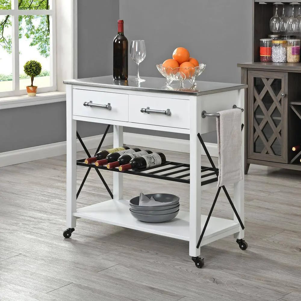 FirsTime & Co. Aurora Farmhouse Rolling Kitchen Cart with Stainless Steel Top, White