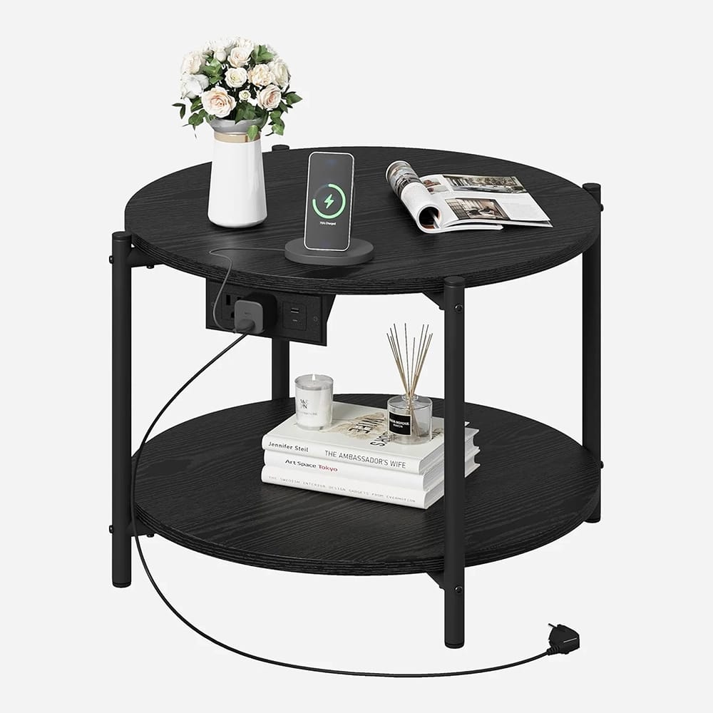 LIKIMIO 23.6" Double-Tiered Round End Tables with Charging Station, Black